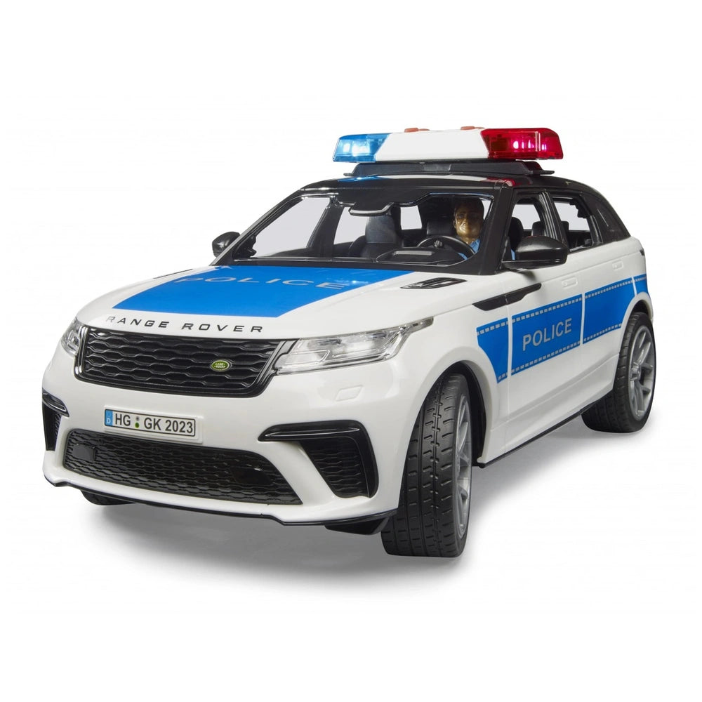 White Range Rover Velar police toy car with blue detailing and rooftop lights, featuring a police officer inside.