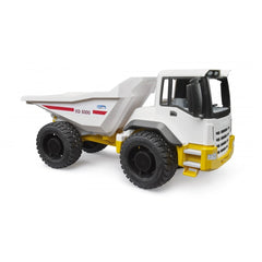 White and yellow Bruder ROADMAX Dumper toy truck with black wheels, featuring XD 5000 label on side, designed for young children.