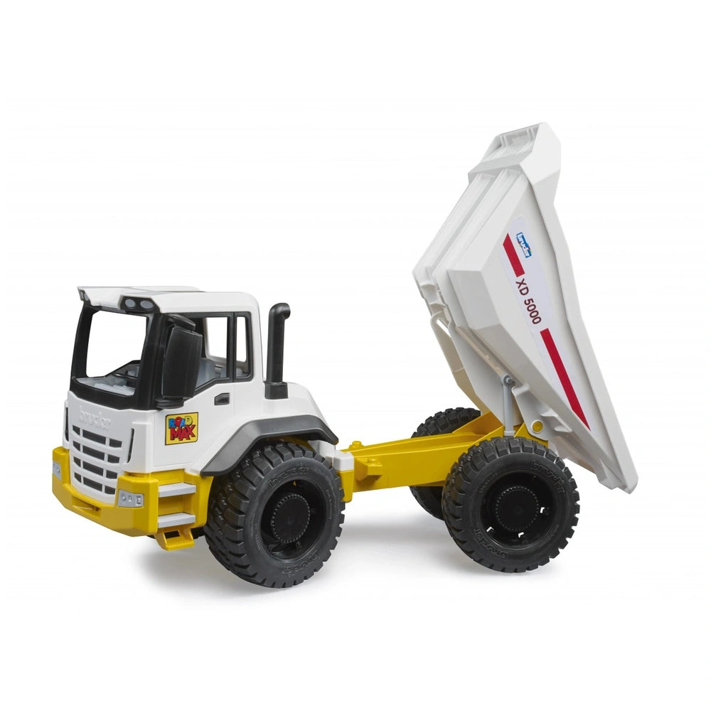 White and yellow Bruder ROADMAX dumper truck toy with raised bed and black tires.