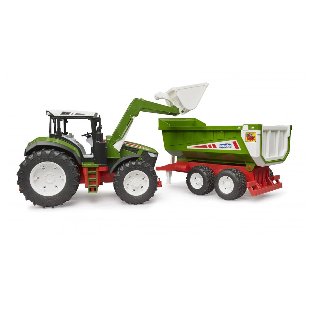 Green and red Bruder Roadmax tractor with frontloader and rear tipper, featuring large tread tires on a white background.
