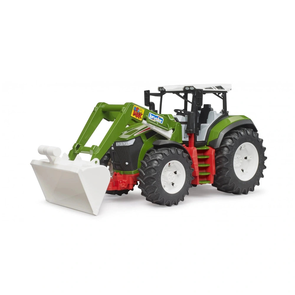 Green and red Bruder Roadmax tractor toy with frontloader, large tread tires, and realistic design for imaginative play.