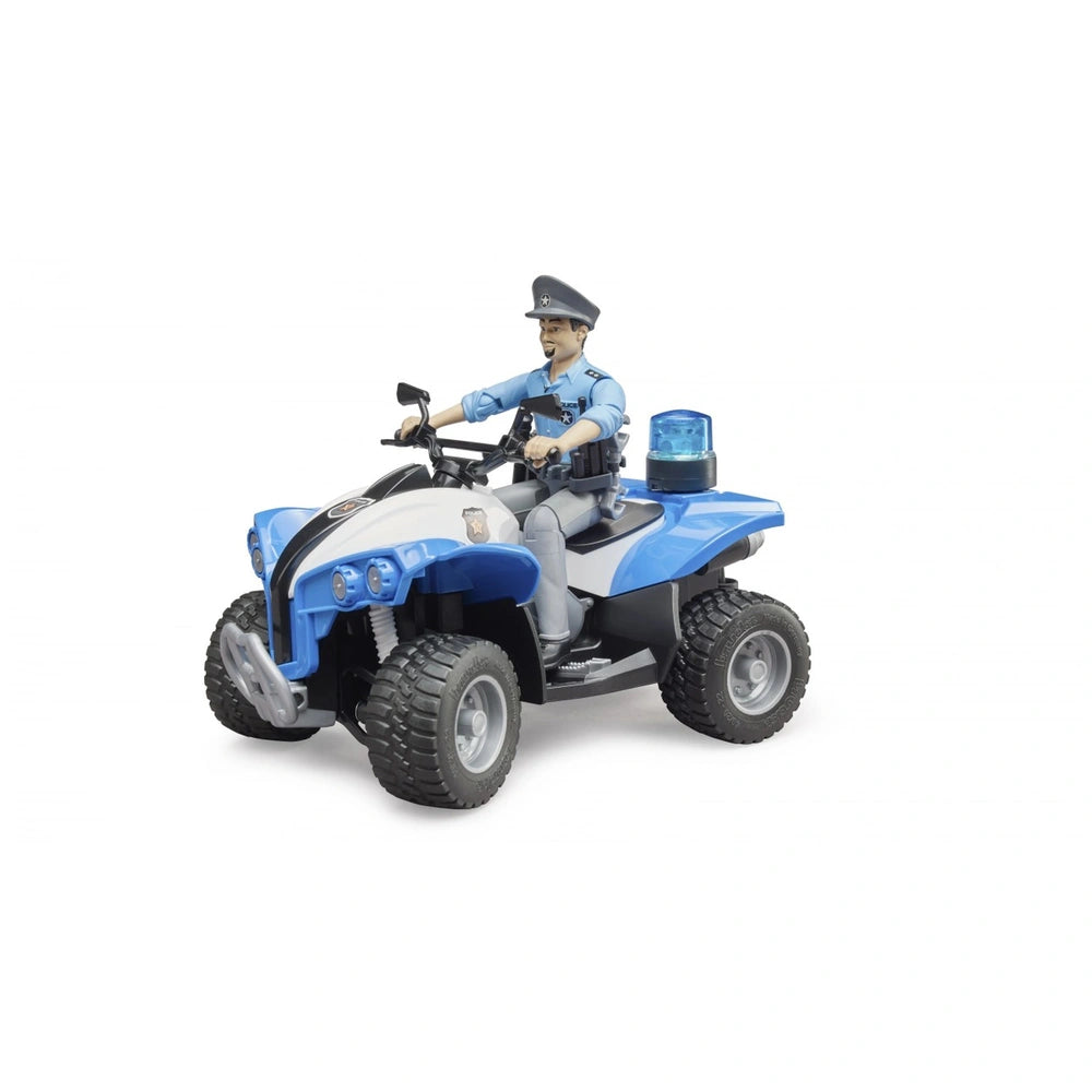Police officer figure on a blue and white toy ATV with a blue rotating beacon light.