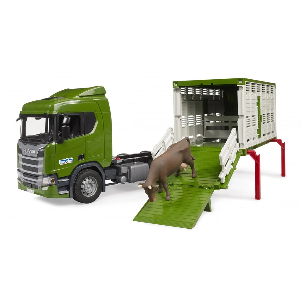 Green Bruder Scania Super 560R truck with cattle transport trailer. Brown cow on ramp, replicating real livestock transport.