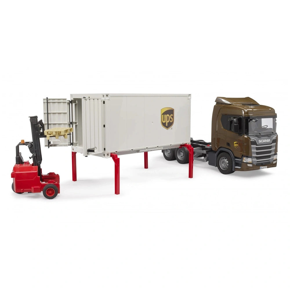 Bruder Scania 560R UPS truck with red forklift unloading container on red stands.