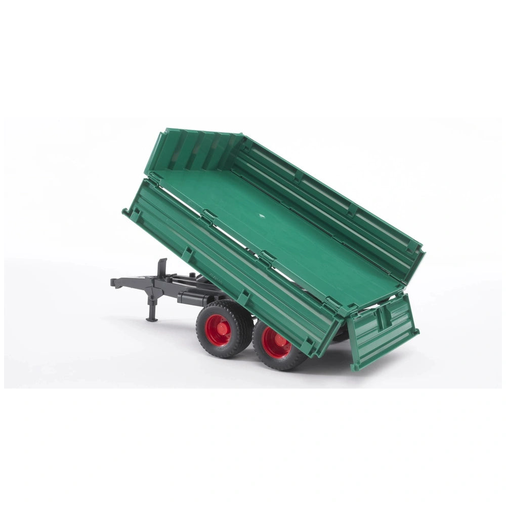 Green tipping trailer with red wheels and removable top, raised in a tipping position on a white background.