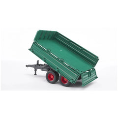 Green tipping trailer with red wheels and removable top, raised in a tipping position on a white background.