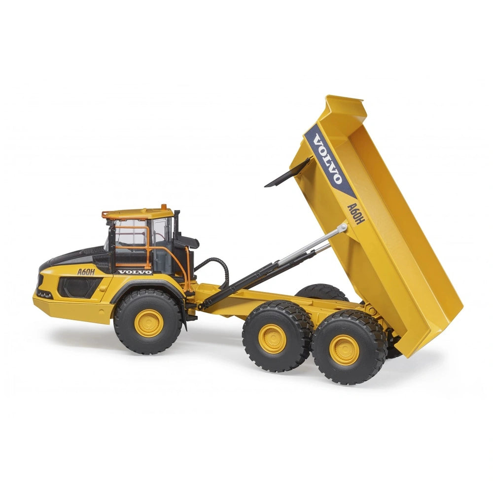 Yellow Volvo Hauler A60H toy with articulated dumper and oversized tires, showcasing realistic construction vehicle details.