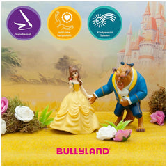 Bullyland Disney Belle toy figure in yellow dress with pink flower, blue figure, and castle on gradient yellow-orange packagi