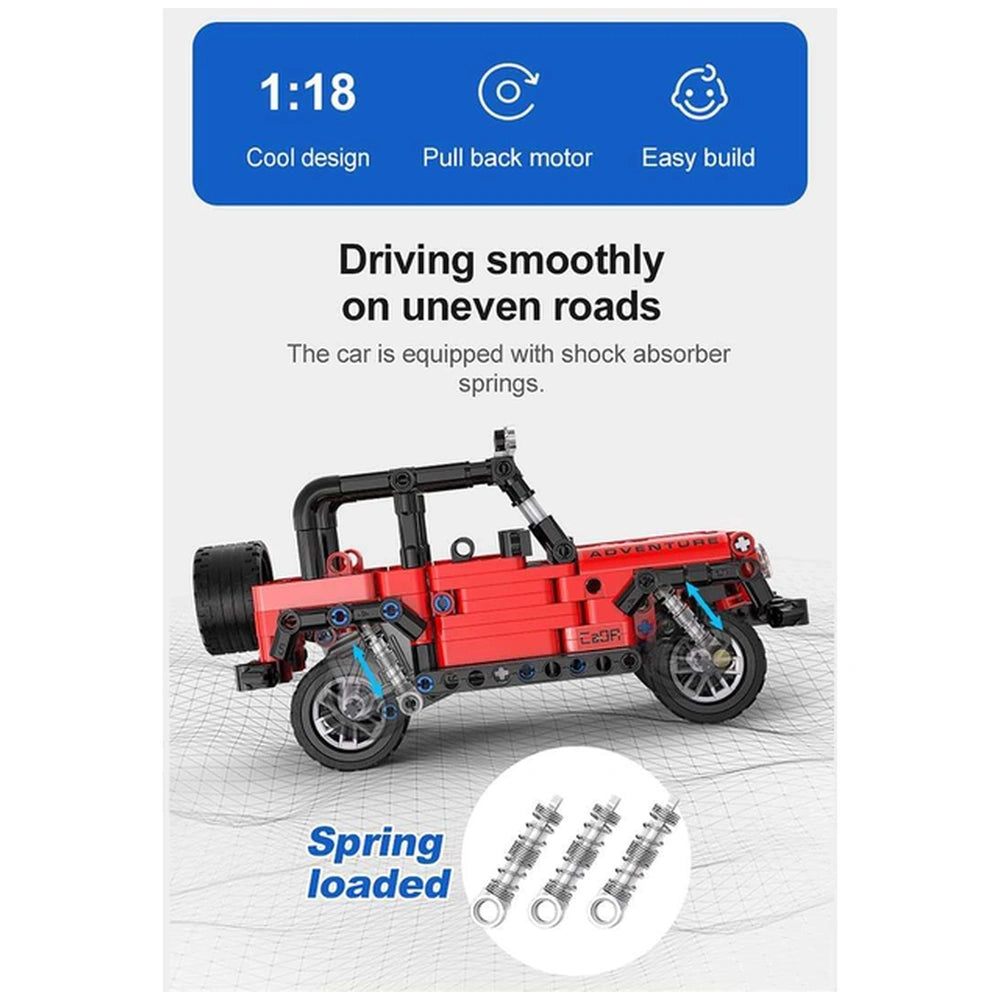 CaDA Adventure Off-Roader Jeep construction set in red with detailed components on a white background.