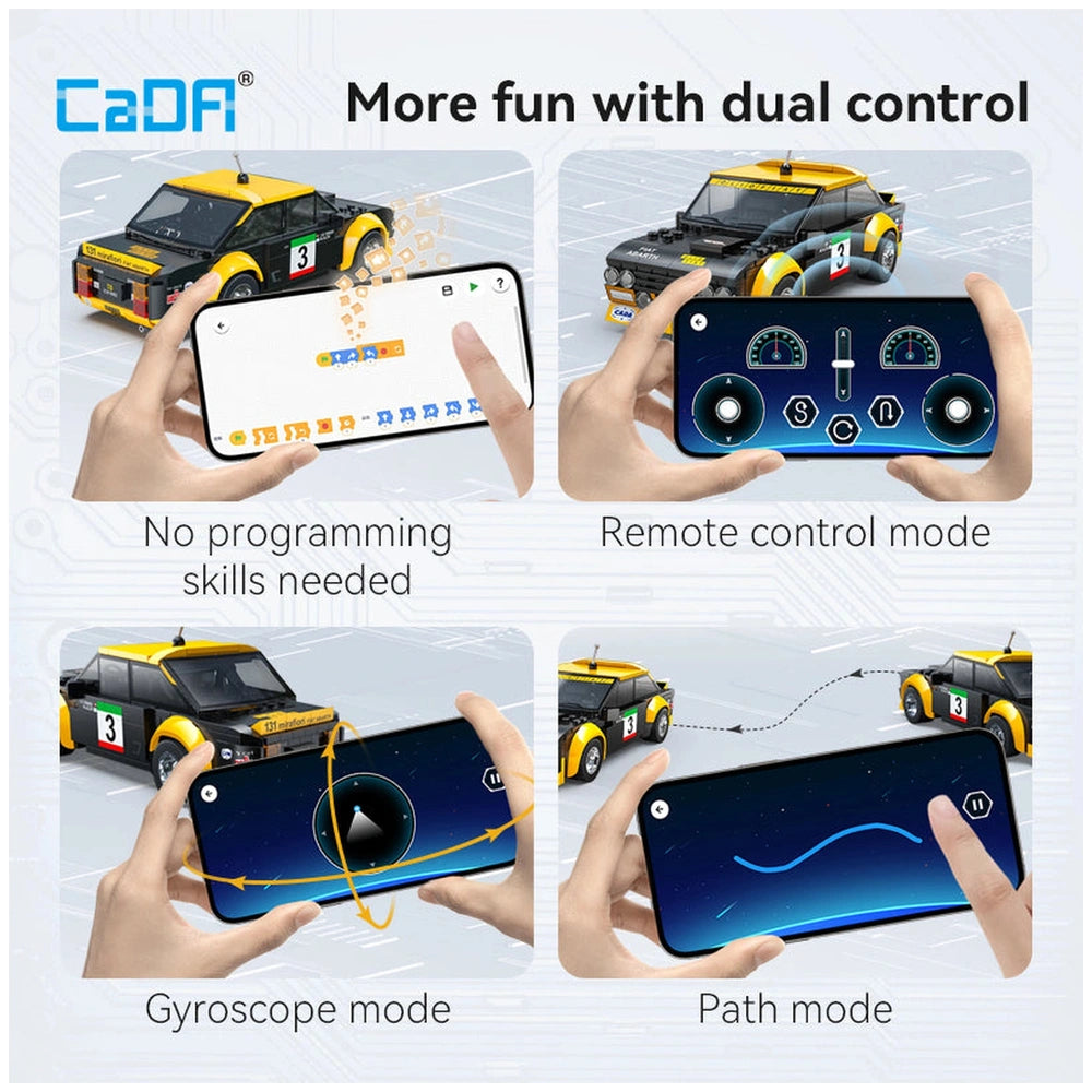 CaDA Blade Fiat Abarth 131 construction set features a yellow car, smartphones displaying control modes, and bold text on a g