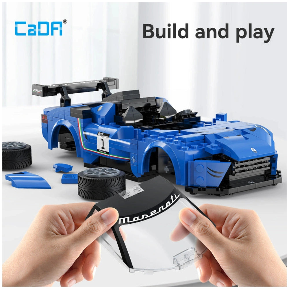 CaDA Blade Maserati GT2 construction set features a blue Lego car with black wheels and roof, displaying the number 1 on its 
