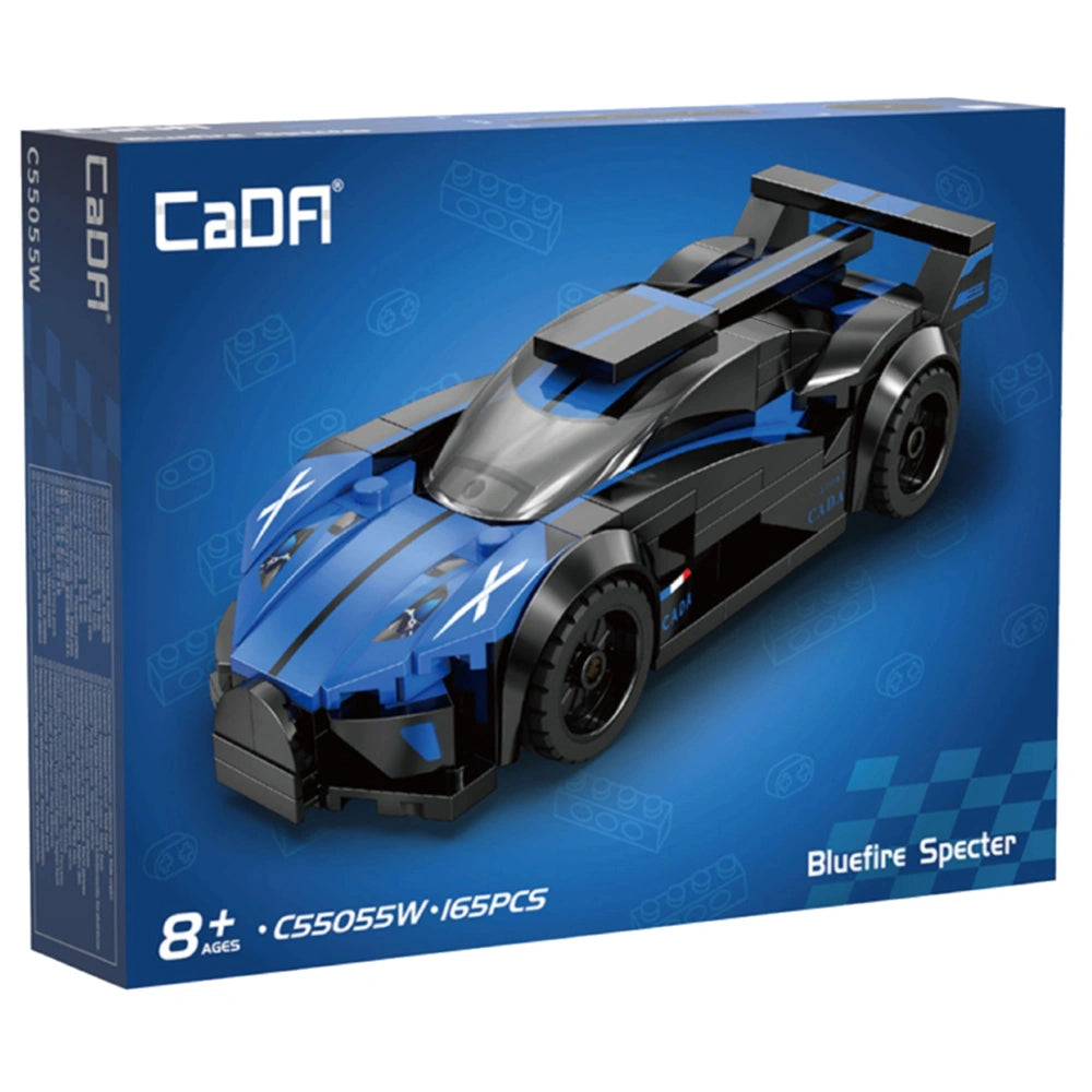 Cada Bluefire-Specter-Car construction set in a blue cardboard box with checkered plastic window and blister pack.
