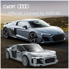 Cada Bricks 1:24 Audi R8 Coupe in silver with glossy paint, black rubber tires, and shiny metal rims.