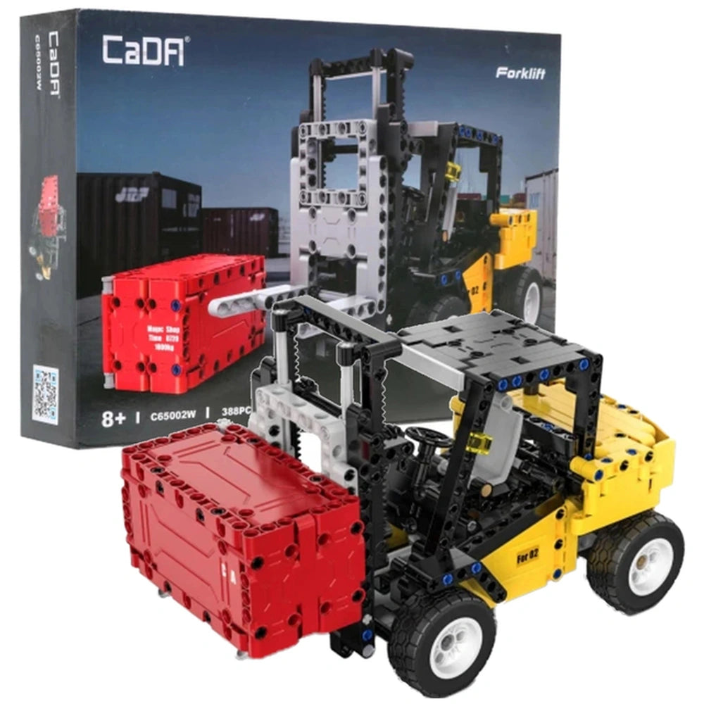 CaDA Forklift Truck toy in red and yellow with black wheels and chassis, displayed in black and white cardboard packaging.