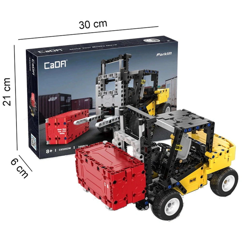 CaDA Forklift Truck construction set in black packaging features a yellow and red toy vehicle with a cargo box and bucket.