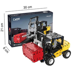 CaDA Forklift Truck construction set in black packaging features a yellow and red toy vehicle with a cargo box and bucket.