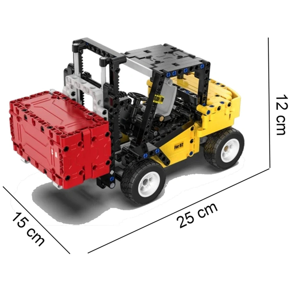 CaDA Forklift Truck construction set features a red and yellow plastic design with black frames and wheels, displayed front v