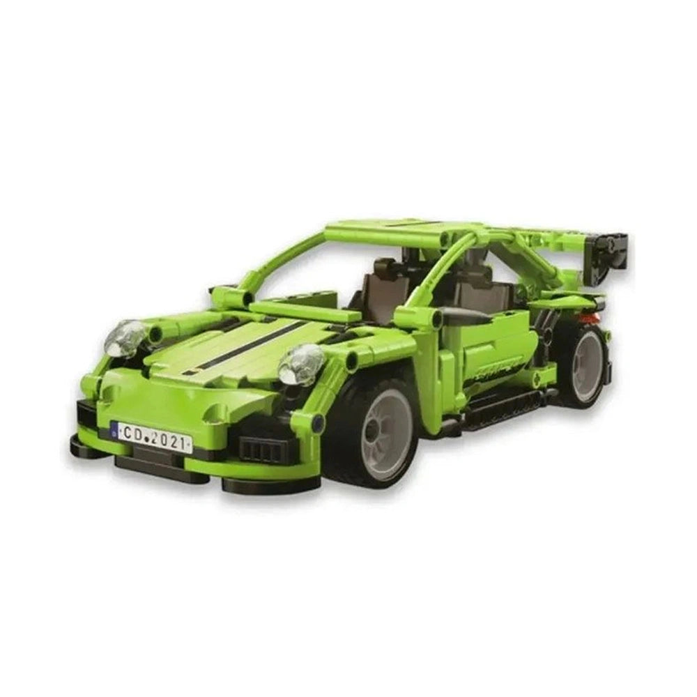 CaDA Legend Car Pull Back System features a green plastic body, black wheels, and clear windows in a centered front view.