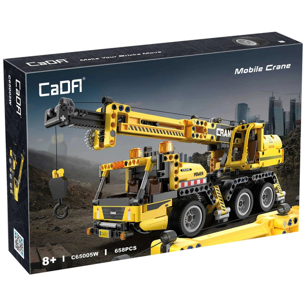 CaDA mobile crane truck construction set in yellow with black and orange accents, displayed in matte cardboard packaging agai