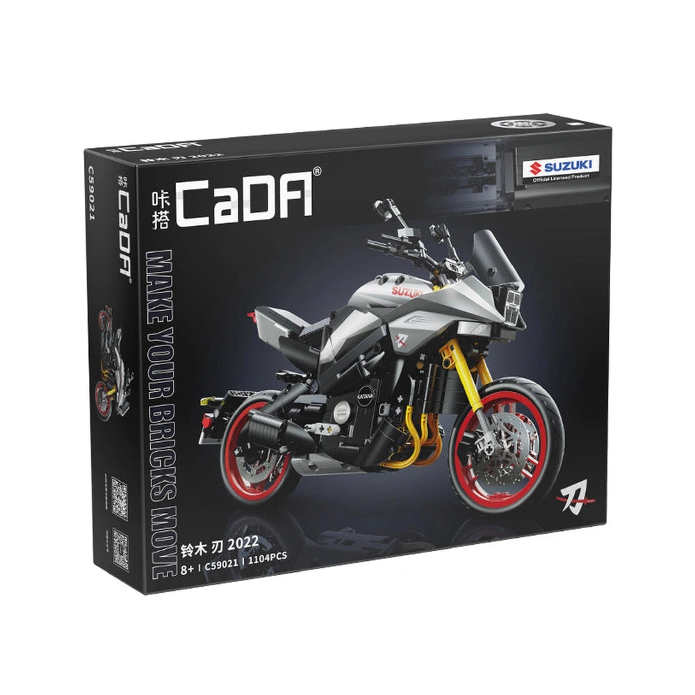 CaDa Suzuki Katana motorcycle construction set in black box with glossy window, featuring red wheels and yellow frame.