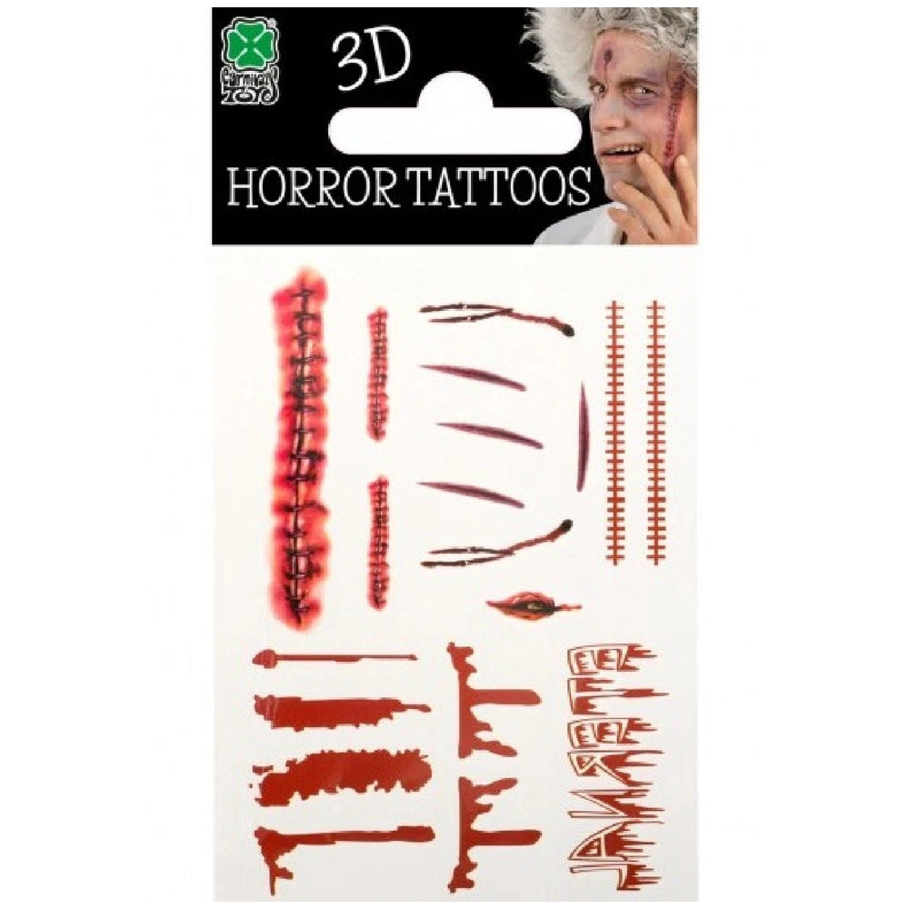 3D Horror Bloody Scars Prosthetic Tattoo Set featuring red tattoos on a man's face against a black background, with branding 