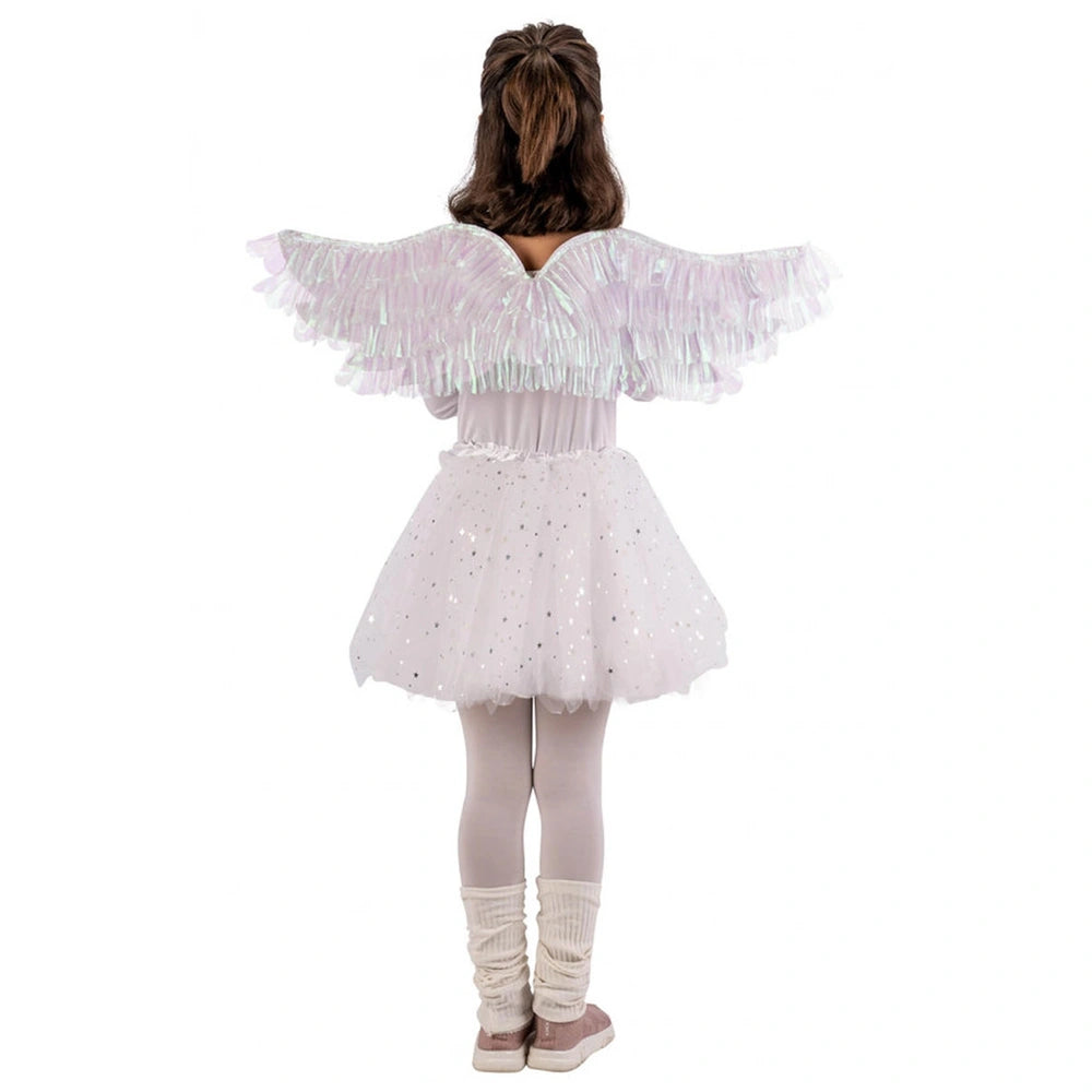Angel costume set for girls featuring a white glittery dress, glittery wings, beige tights, and matching shoes for imaginativ