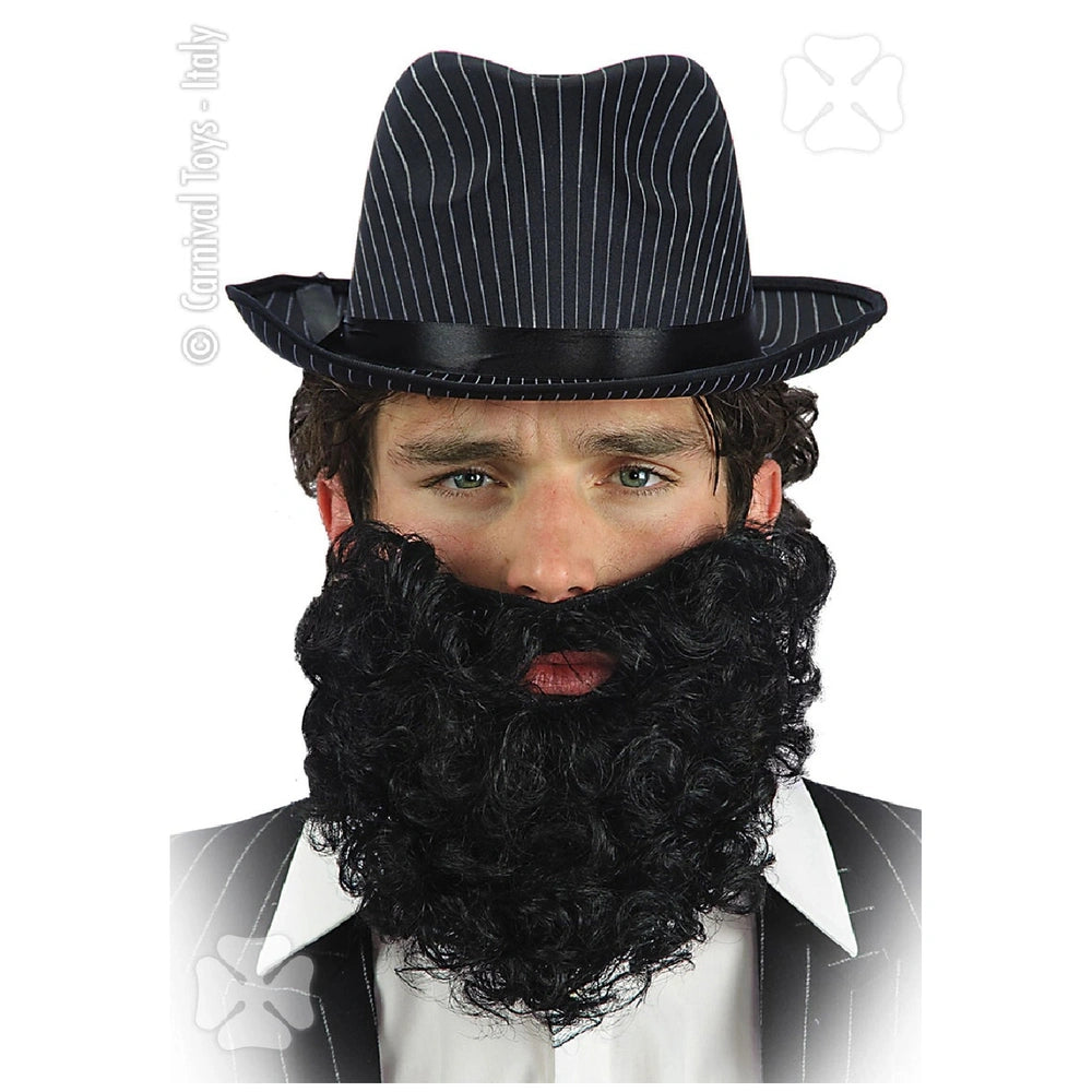 Black Beard pirate costume for kids featuring a black and white striped hat, synthetic beard, white shirt, and pinstripe jack