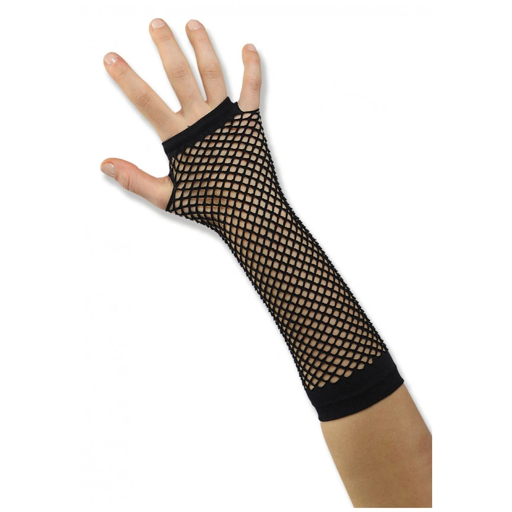 Black fishnet fingerless glove made of stretchy mesh fabric, featuring a black wristband for pretend professions and role pla