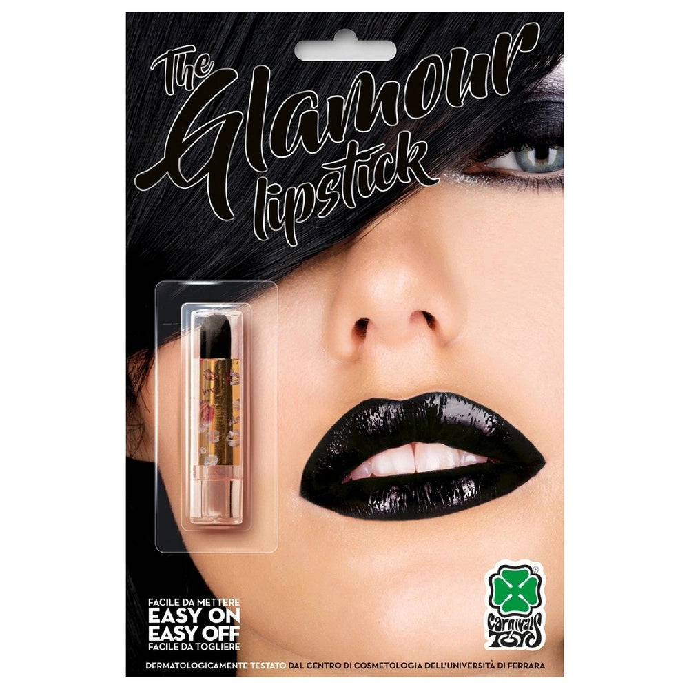 Black lipstick makeup set in matte cardboard packaging with a glossy finish and transparent window, featuring white text and 