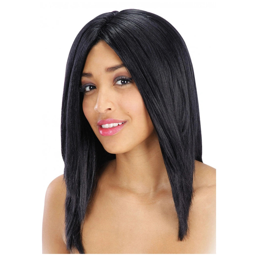 Black smooth wig for dress up fun showcased on a woman with light skin and pink lipstick, enhancing imaginative play.