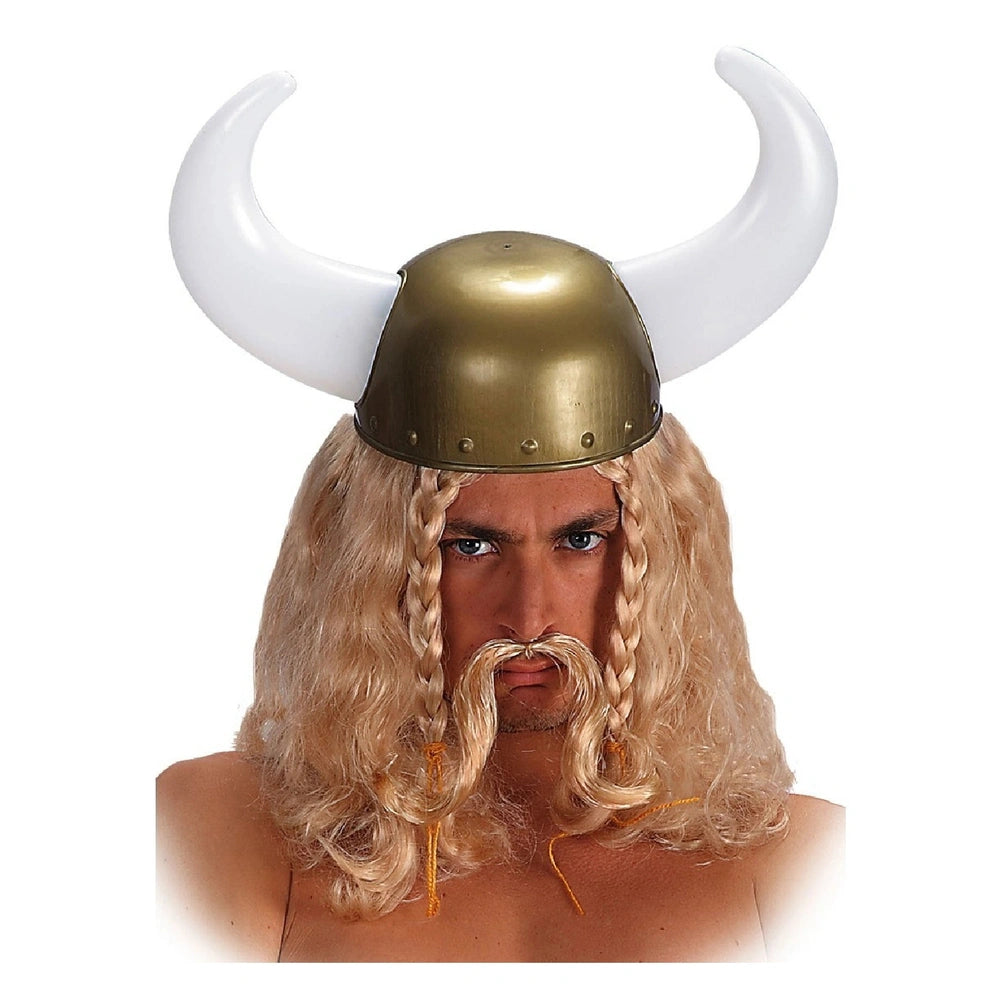 Blonde Viking wig with flowing hair, gold metal helmet, and white plastic horns for imaginative role-playing adventures.
