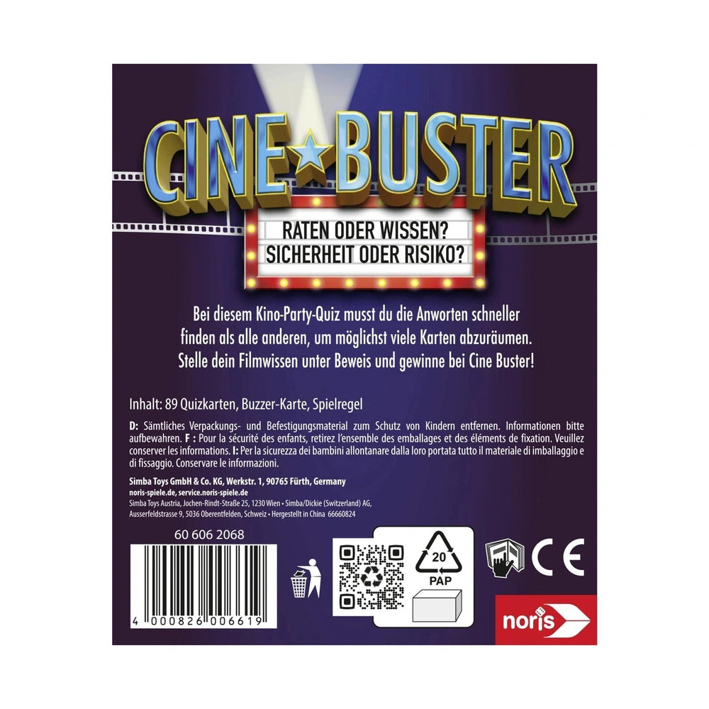Cine Buster board game package features bold yellow and blue title, film clapperboard graphic, and a German question about gu