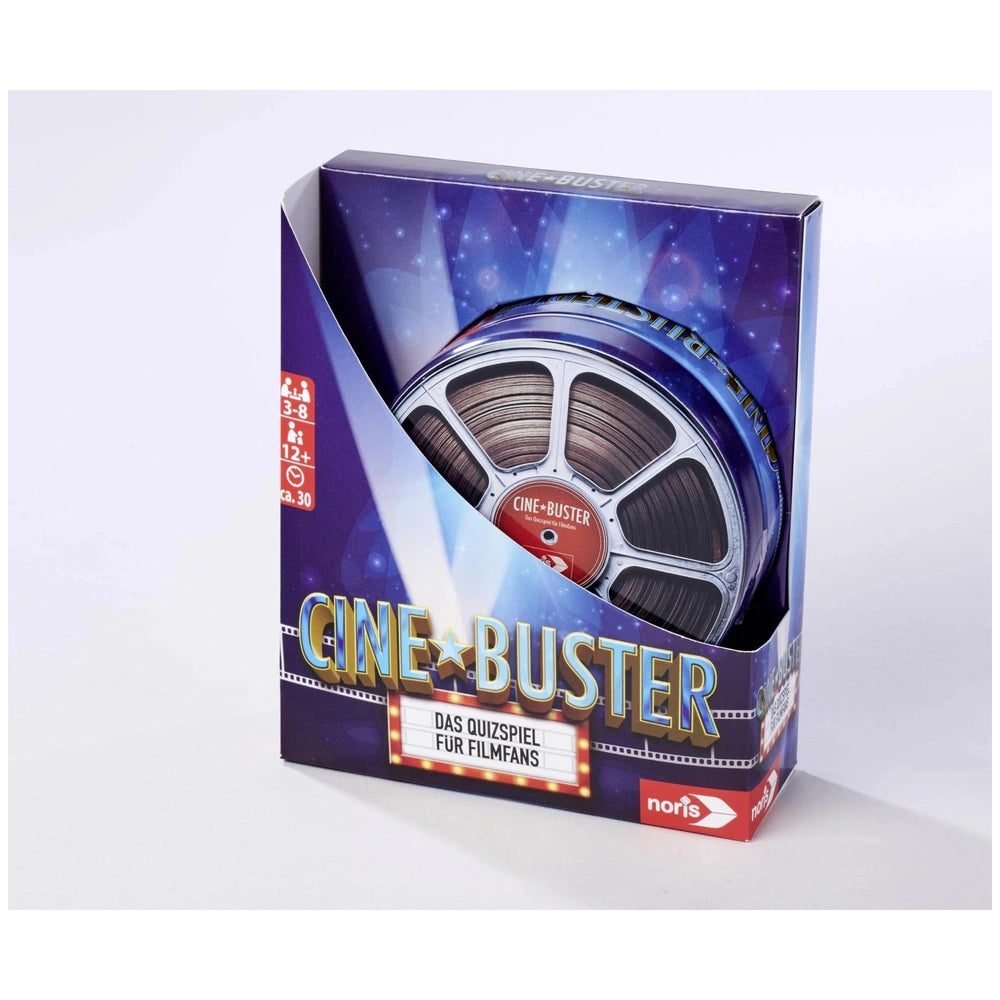 Cine Buster board game box features a reflective disc inside, with a bold blue design and text highlighting its film guessing