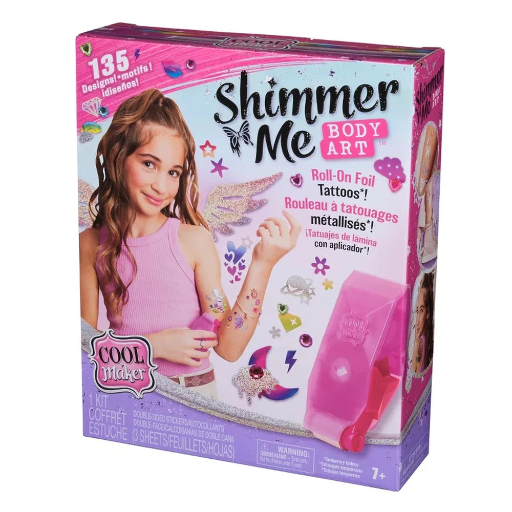 Cool Maker Shimmer Me Body Art Kit packaging features a young girl with a tattoo, surrounded by playful designs in pink, whit