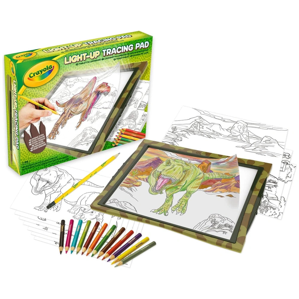CRAYOLA Light-Up Tracing Pad features a dinosaur design, colorful pencils, and glossy cardboard packaging with a transparent 