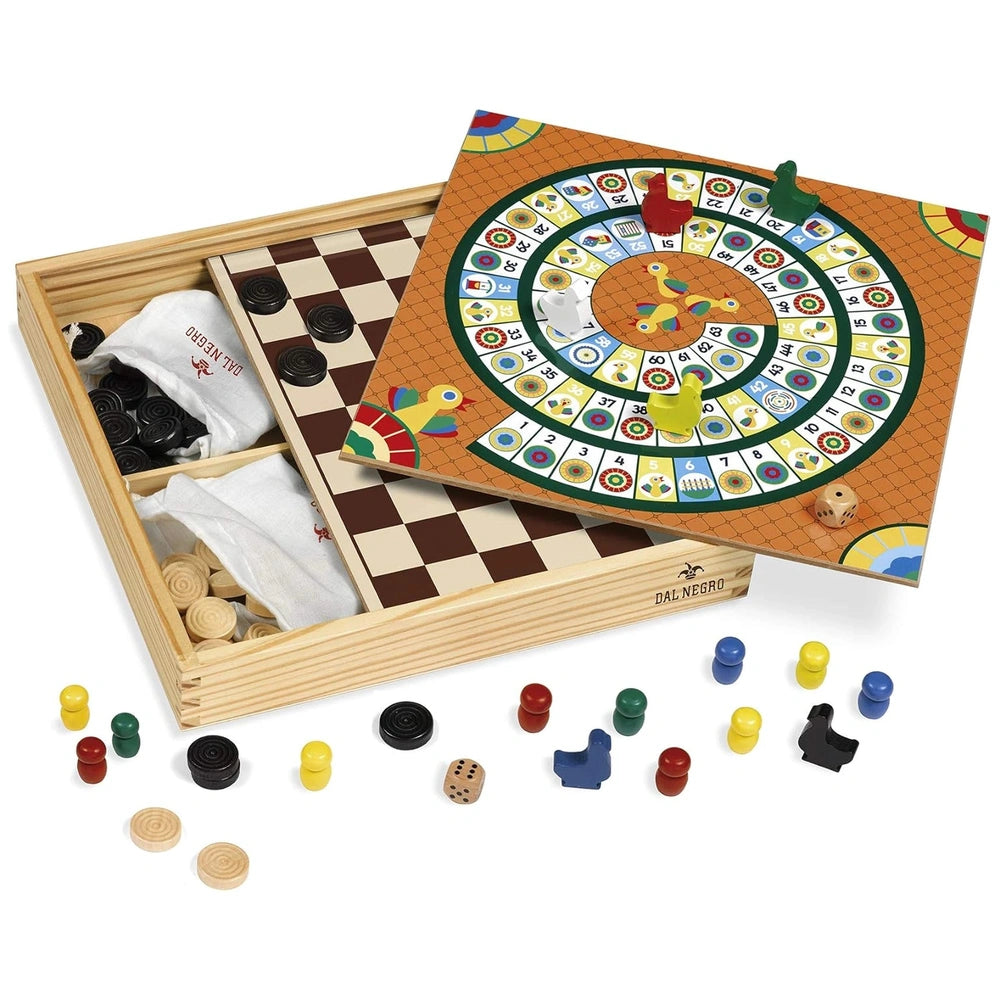 Dal Negro Many Games wooden board games set featuring a matte finish box, colorful game pieces, and a checkerboard game board