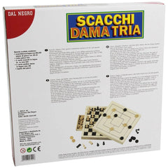 Dal Negro Tria Basic Wooden Board Games Set packaging features glossy white material with black printed text and game titles.
