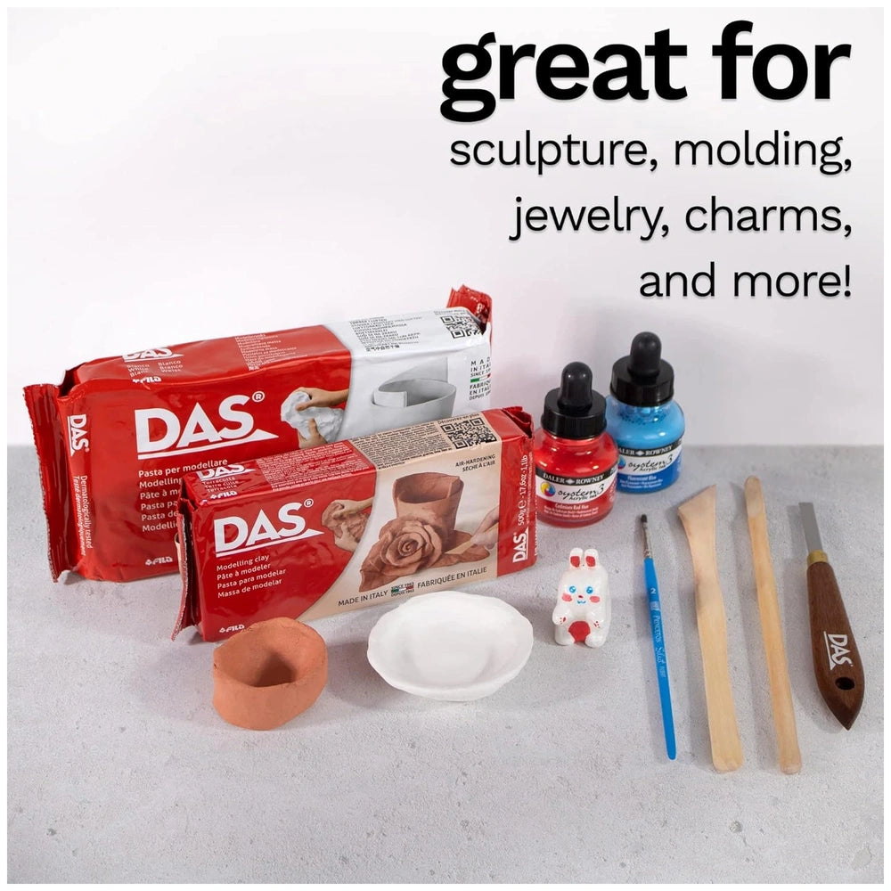 Das Modeling Clay in red packaging with clear window, includes a brown paintbrush, ceramic bowl, and clay pot.