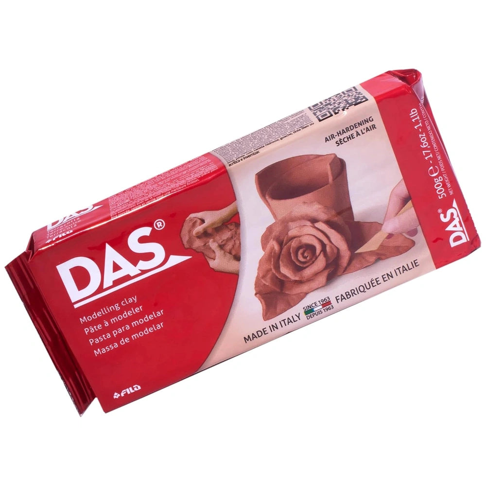 DAS Modeling Clay in terra-cotta 500g packaged in a red box with a plastic window and white background, made in Italy.