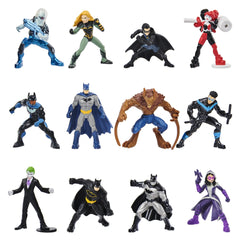 DC Comics BATMAN collectible mini figures in a grid, showcasing nine colorful characters with articulated joints on a white b