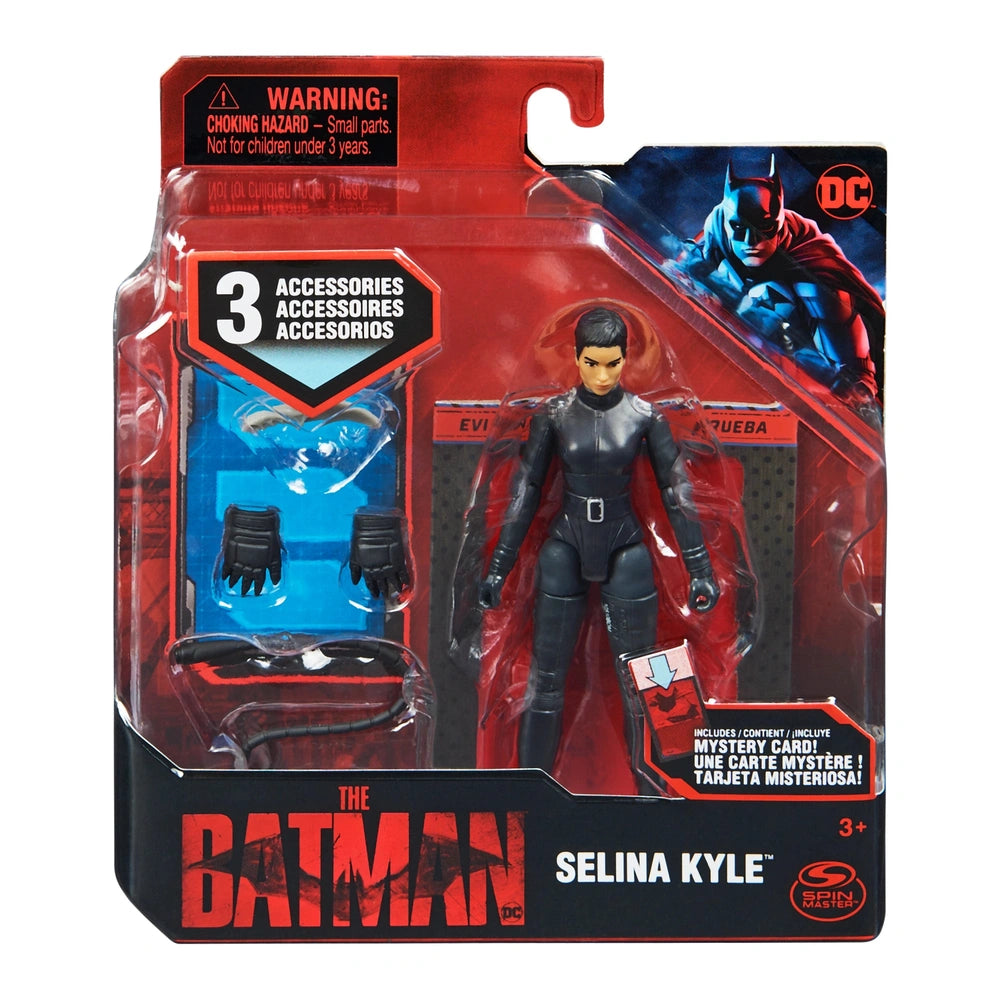 Batman Selina Kyle action figure in dynamic pose, featuring red and black packaging with accessories and a mystery card.