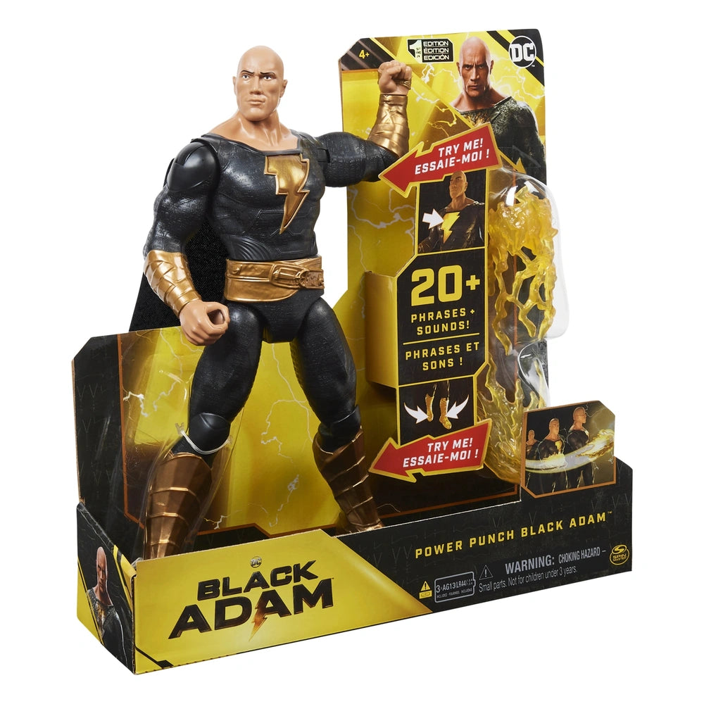DC Comics Black Adam action figure in a black suit with gold accents, posed against a yellow background, showcasing its detai