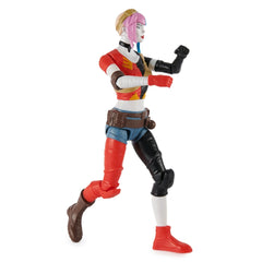 Harley Quinn action figure in a dynamic pose, featuring vibrant colors and detailed articulation against a plain white backgr