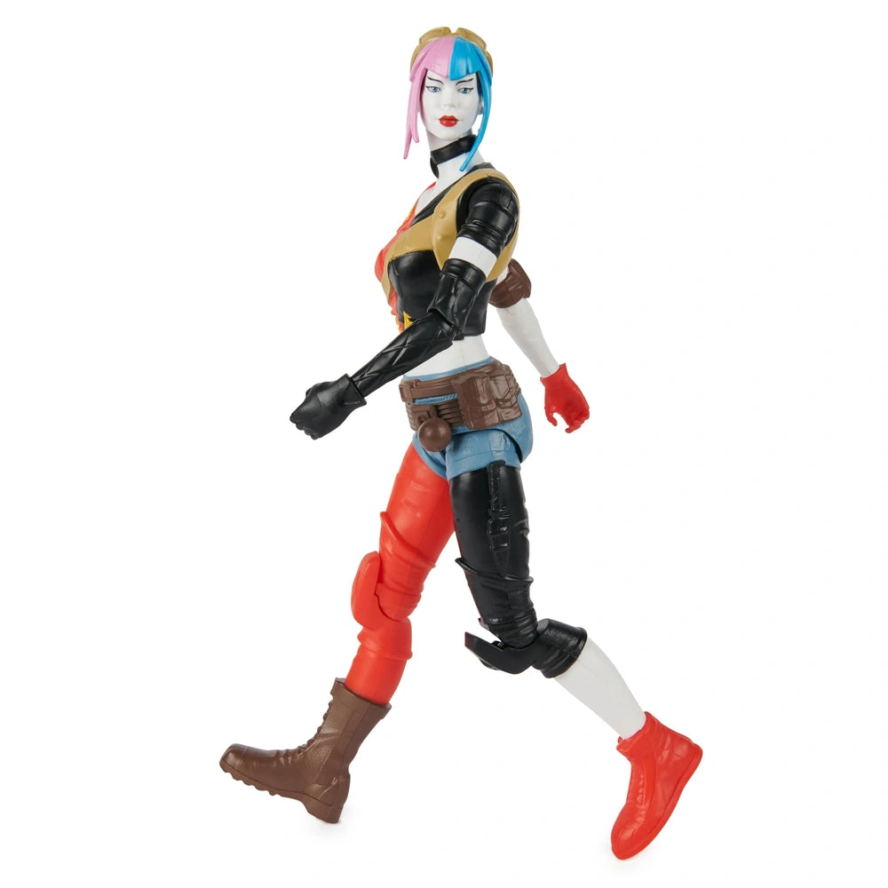 Harley Quinn action figure in a dynamic pose, featuring glossy finishes, vibrant colors, and detailed armor.