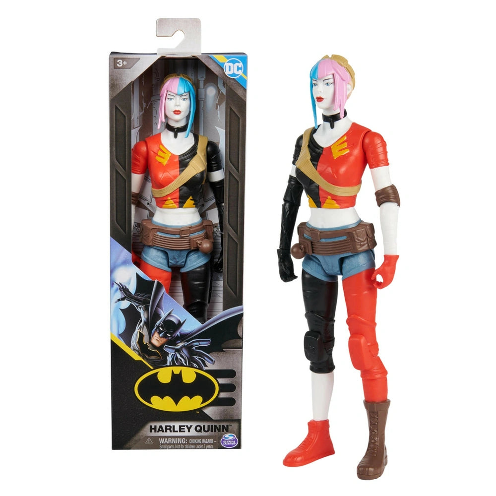 Harley Quinn action figure in a red and black outfit with blue and pink hair extensions, displayed in clear packaging.