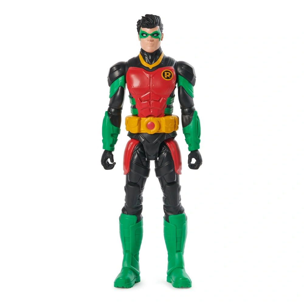 DC Comics Robin action figure stands upright, featuring a black costume with green and yellow accents and a red cape.