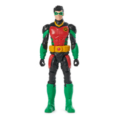 DC Comics Robin action figure stands upright, featuring a black costume with green and yellow accents and a red cape.