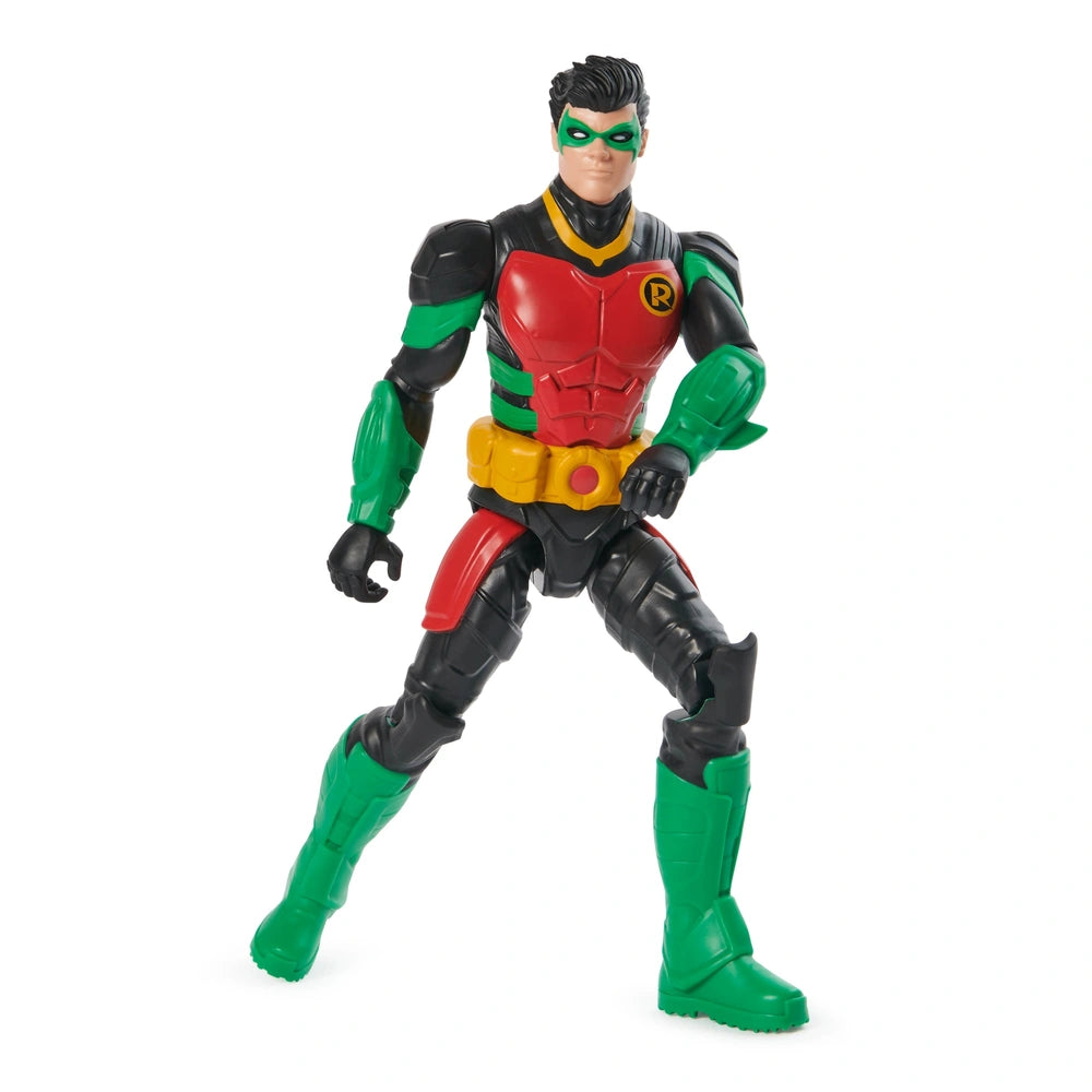 DC Comics Robin action figure stands upright with a muscular build, featuring black, green, and yellow accents against a whit