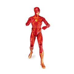 DC Comics Speed Force The Flash action figure in red with flame designs, featuring lights and over 15 sounds, stands ready fo