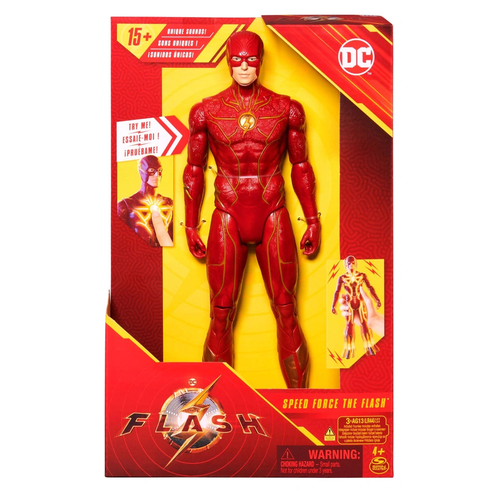 DC Comics Speed Force The Flash action figure features a glossy red suit with yellow accents, set against a vibrant red backg